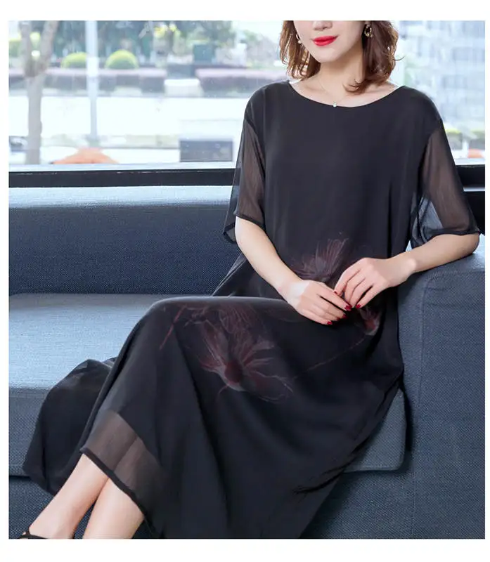С коротким рукавом размера плюс 6XL винтажное цветочное женское повседневное свободное летнее шифоновое платье средней длины Элегантная одежда платья x824