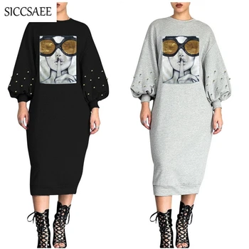 

Sunglasses Sequins Puff Sleeve Loose Sequins Knee Length Dress Robe Longue Femme Casual Vestidos Ropa Mujer Beaded Oversized