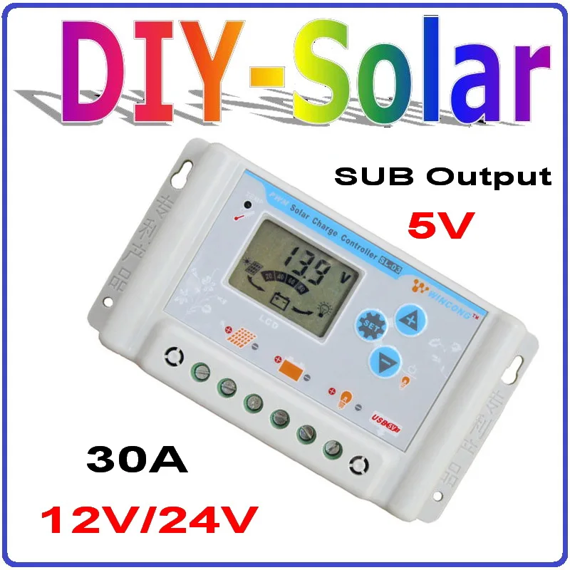 

30A 12V/24V Auto sensing solar charge controller with 5V output USB and big LCD screen