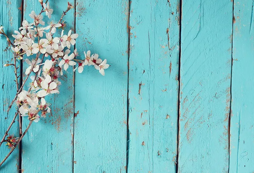 7x5FT-White-Floral-Flowers-Branch-Turquoise-Wood-Wall-Custom-Photo