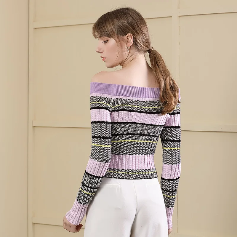 Striped print patchwork off shoulder slash neck elastic knit pullovers sweater shirts 2018 new women autumn short sweater 