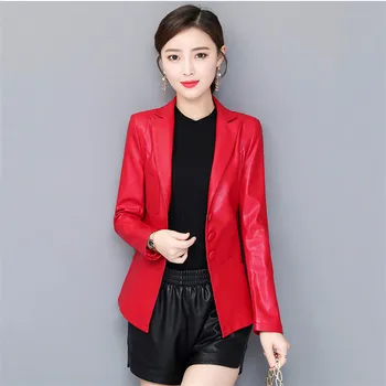 

2019 New Fashion Women Faux Leather Blazer Woman Large lapel Slim Jacket Red Color Formal Suits Female Work Leather Coats YH316