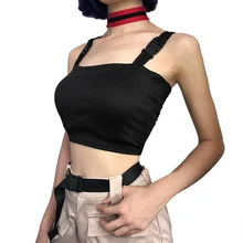 Регулируемая пряжка Сексуальная Открытая летняя майка обрезанная уличная безрукавка женский черный короткий топ с рукавом