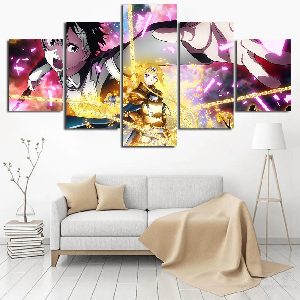 Waliicorners Modern Canvas Hd Printed Poster Home Decor 5 Pieces Sword Art Online Painting Wall Art Anime Pictures Boy Room Modular Framed 7
