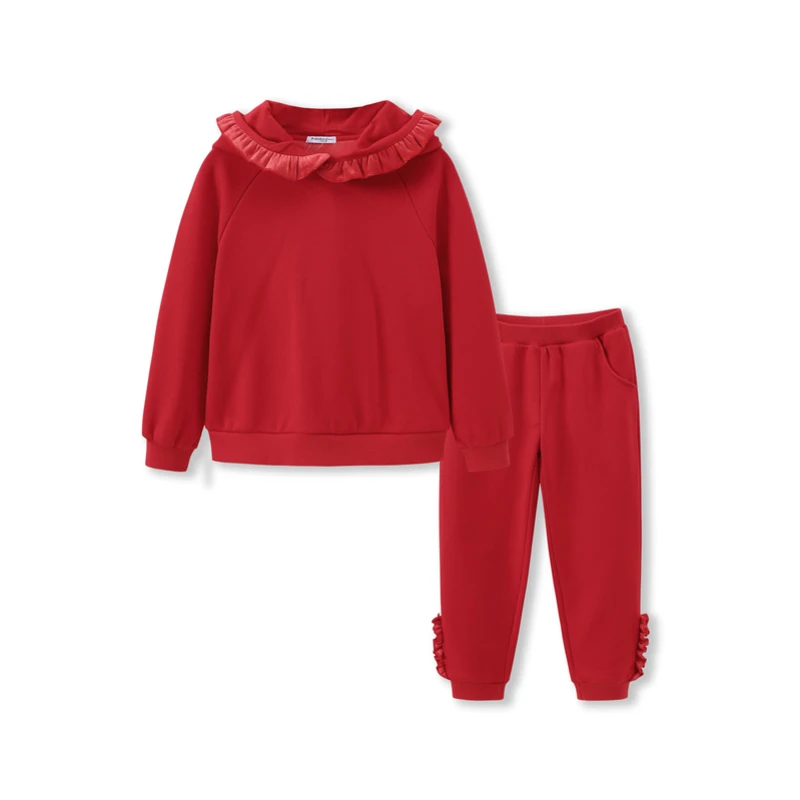 Balabala/комплект теплой толстовки с капюшоном на флисовой подкладке и оборками для маленьких девочек, Детский комплект из 2 предметов: толстовка с капюшоном+ штаны без застежки - Цвет: China Red