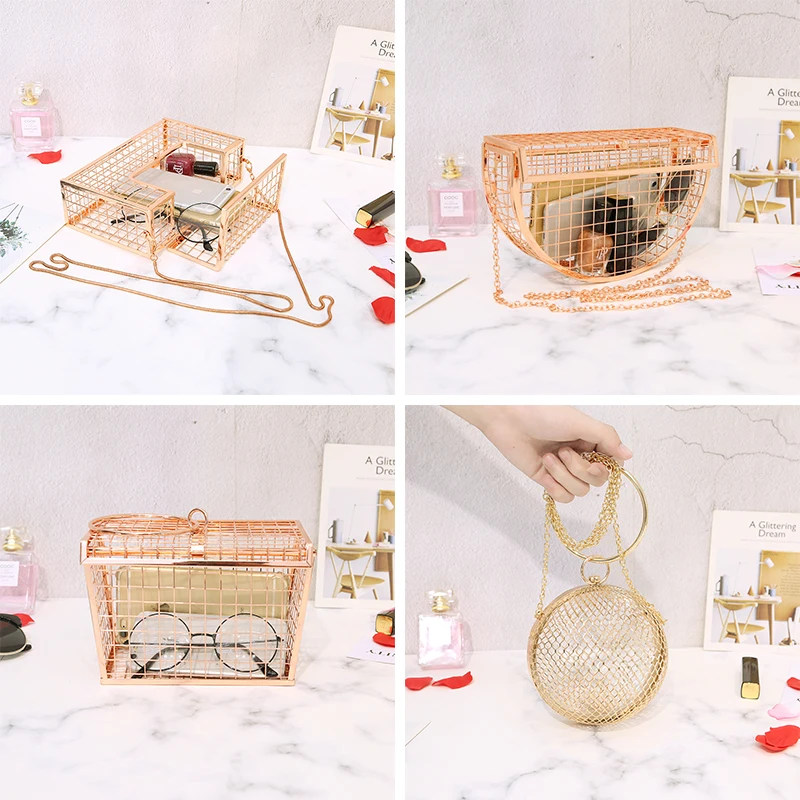 

Fashion Women Bags Clutch Evening Bag Shoulder Crossbody Bags Wedding Party Cage Geometric Beach Bag Metal Hollow Handbag Purse