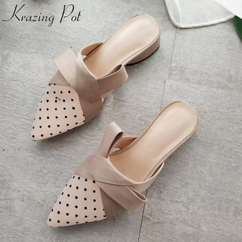 

Krazing Pot new air mesh natural leather dot pattern slip on pumps pointed toe bowtie concise med heels brand leather mules L0f2