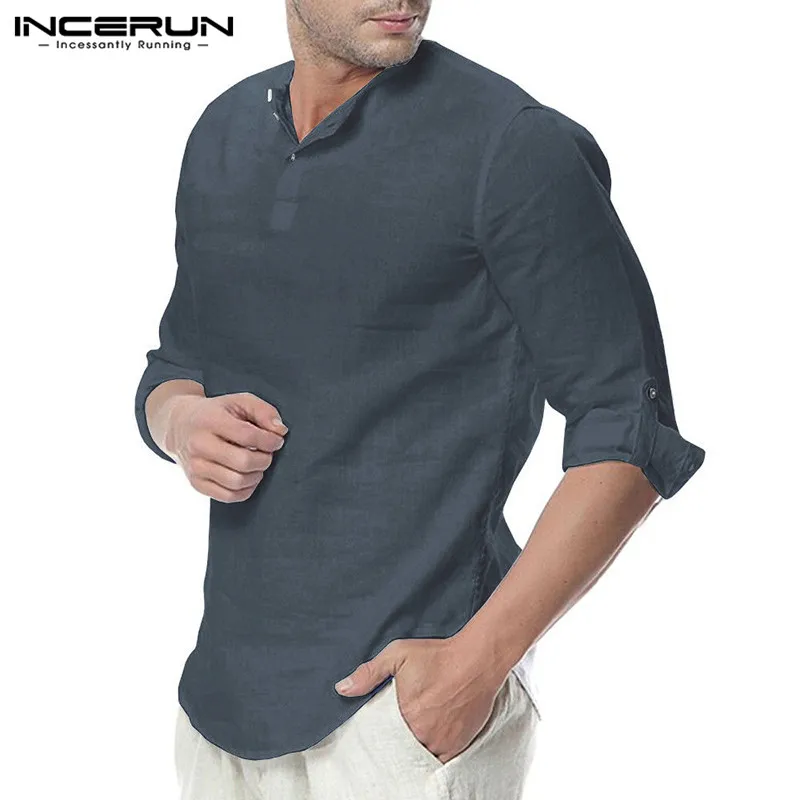 INCERUN Мужская рубашка из хлопка и льна с длинным рукавом Повседневная Блузка Базовая рубашка мужская однотонная Slim Fit Модные мужские топы
