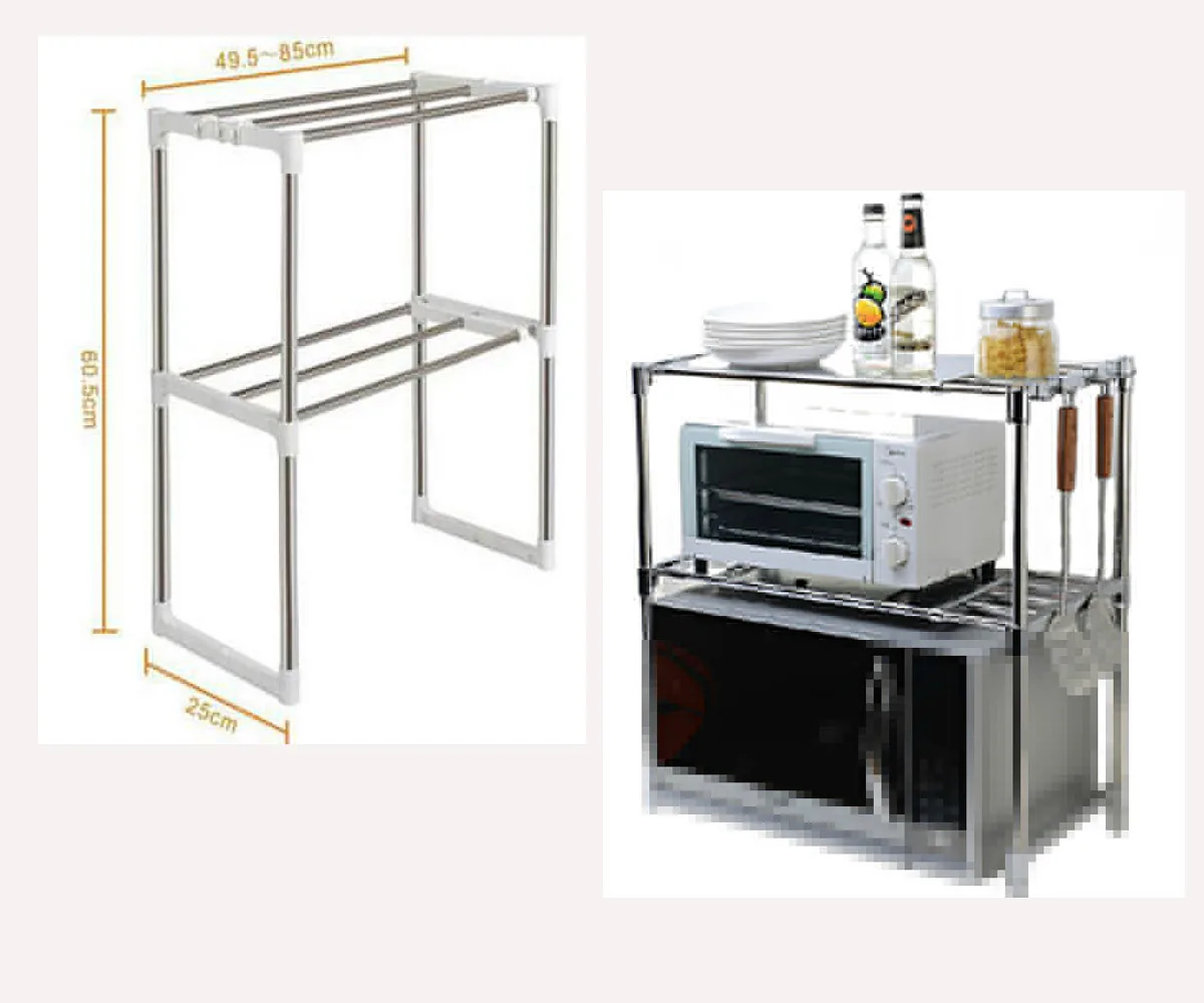 

Adjustable Multi-functional Double Kitchen Storage Holders Stainless Steel High Quality Microwave Oven Shelf Rack Standing Type