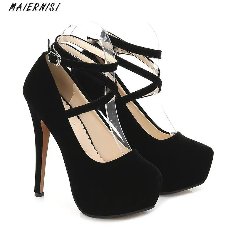 

MAIERNISI Sexy High Heels Super High (14cm) Wedding Ladies Shoes Thin Heels Brand Women Shoes Cross-tied 2018 New Sexy Pumps