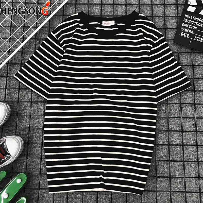 Черно-белая полосатая футболка, модная женская Свободная футболка, Женская Повседневная футболка, Футболка Harajuku, новая футболка с коротким рукавом