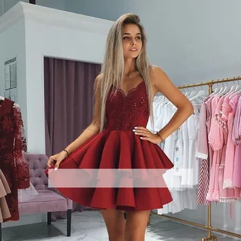 

Burgundy Elegant Cocktail Dresses A-line V-neck Short Mini Satin Lace Beaded Party Plus Size Homecoming Dresses