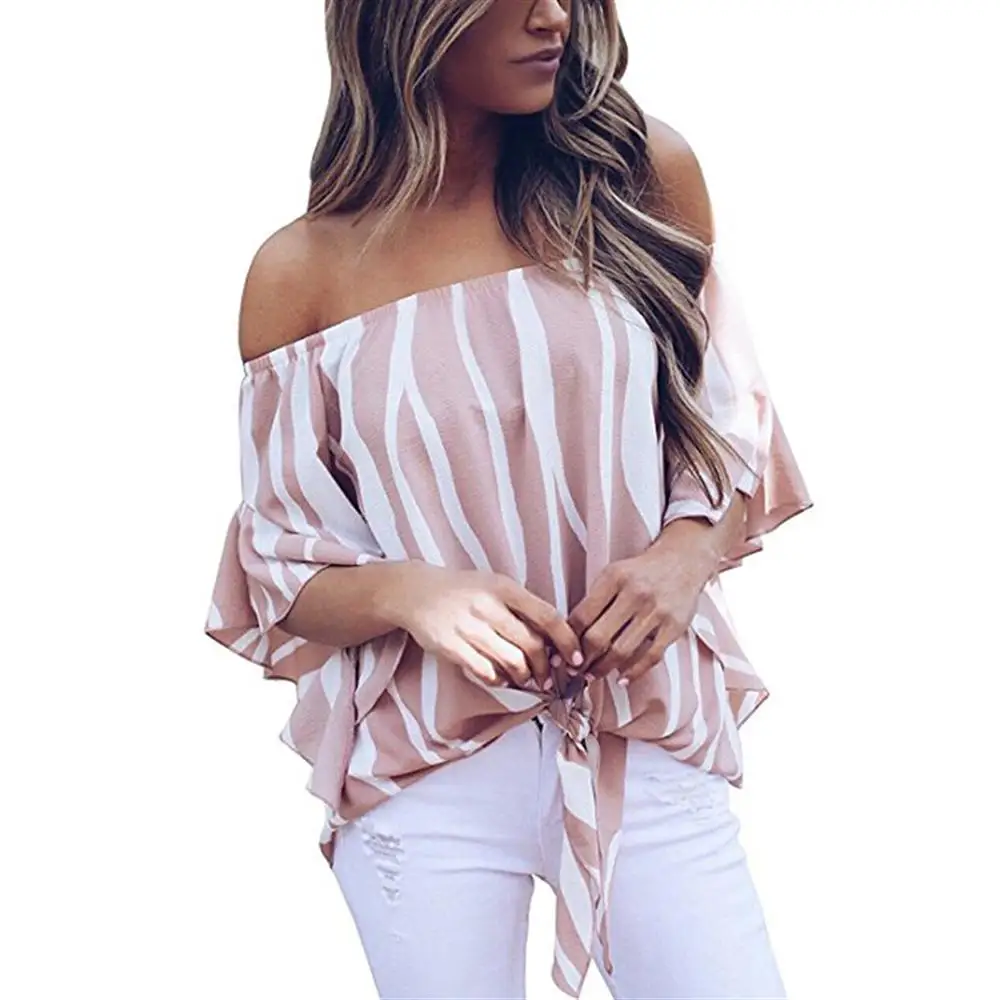 2018 Women 3/4 Butterfly Sleeves Cross Border Sexy Print Slash Neck Tops Striped Female Chiffon Shirt |