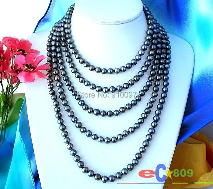 

free shipping >>>LONG 100" 9MM BLACK ROUND FW CULTURED PEARL NECKLACE