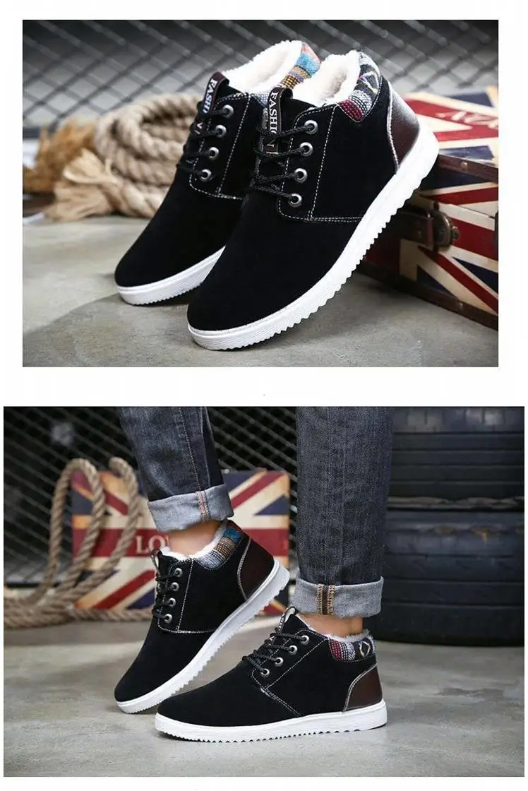 Mens Winter Shoes Casual Plus Velvet Thickening Lace Up Men's High Top Warm Shoes Solid Waterproof Fur Sneakers for Mens