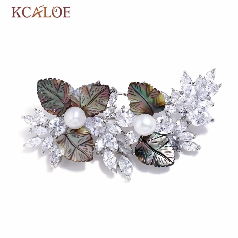 

KCALOE Luxury Cubic Zirconia Crystal Brooch For Women Fashion Imitation Pearl Pins Natural Shell Leaf Flowers Brooch Jewelry