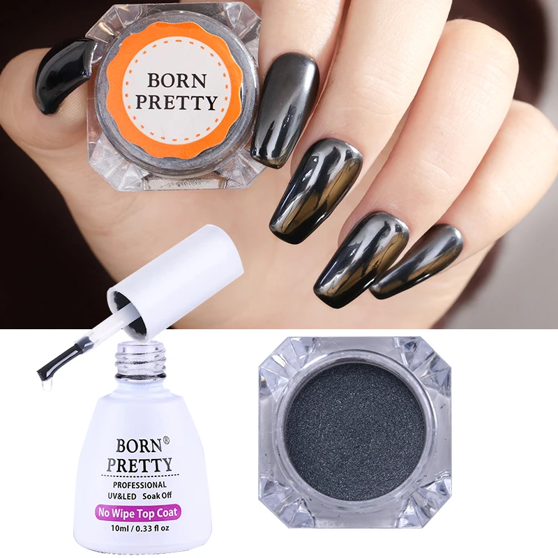

BORN PRETTY No Wipe Top Coat 10ml Soak off UV LED Gel Polish Mirror Nail Glitter 1g Black Shinning Chrome Pigment Manicure Gel
