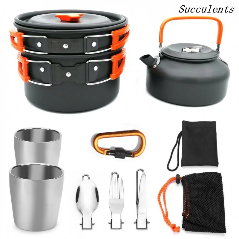 

Outdoor Camping Hiking Backpacking Picnic Cookware Cooking Tool Set Pot Pan +Piezo Ignition Canister Stove Travel Cookware