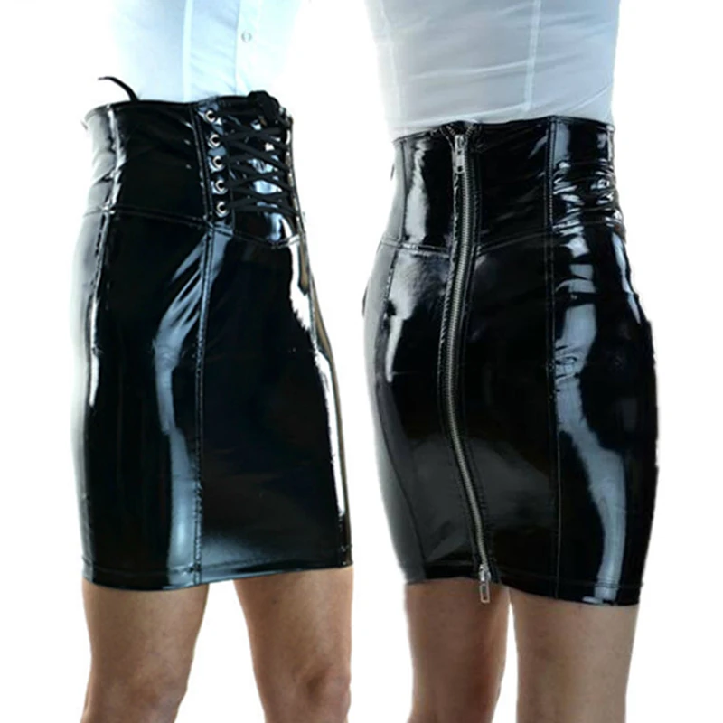 Женская кожаная юбка из ПВХ для ночного клуба, костюм для показа с ремешком и пряжкой на молнии, крутая сексуальная юбка-карандаш в обтяжку бедра, Falda, Черная - Цвет: Black