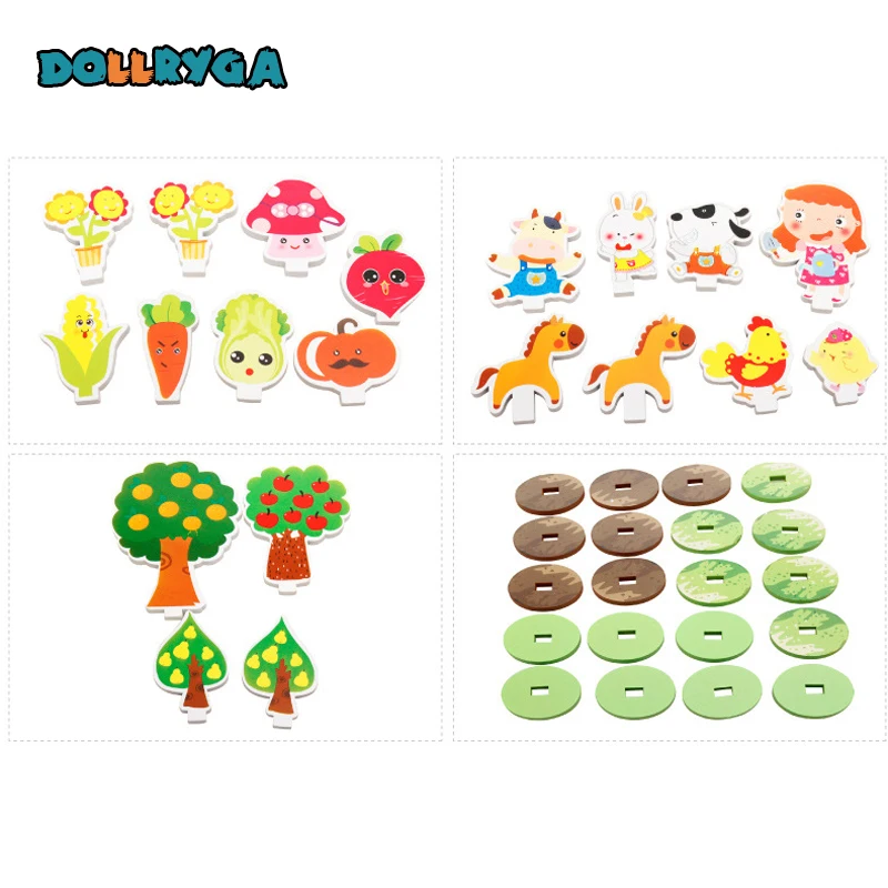 DOLLRYGA Wooden Constructor Farm Zoo Blocks Cartoon Animals And Plants Wood Toy Educational Preschool Early Learning Toys Set