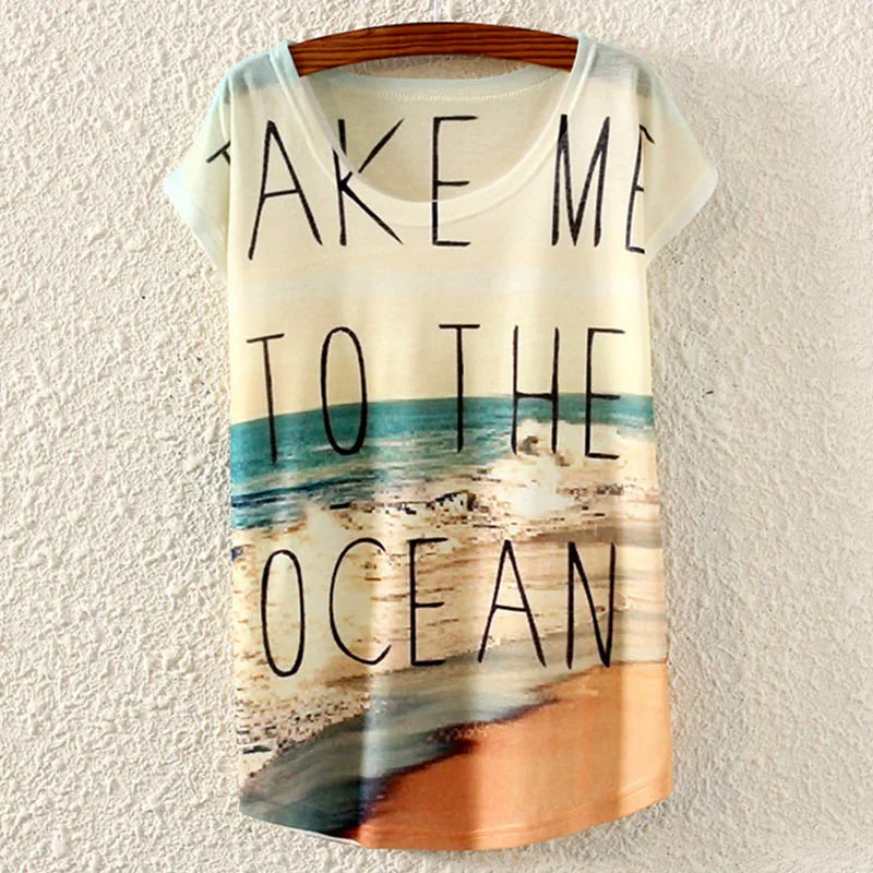 

Take Me To The Ocean Letter Printing Female T Shirt Casual Loose Women Summer Seaside Beach Short Sleeve Round Neck Tops Tees