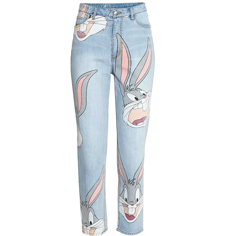 2017 Fashion Cotton Women Jeans Rabbit Prints old white loose denim trousers Ladies Straight Denim Pants