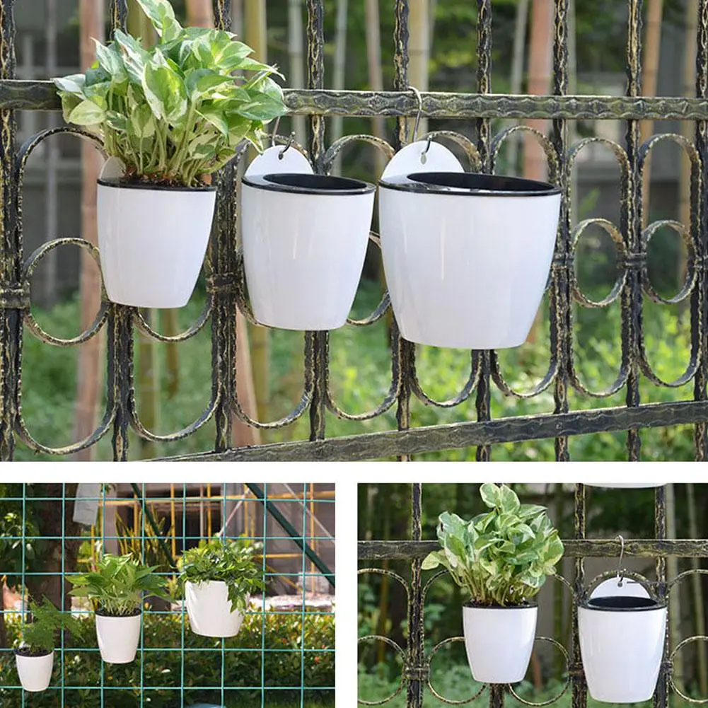 Self Watering Plant Flower Pot Wall Hanging Baskets Round Resin Plastic Planter 