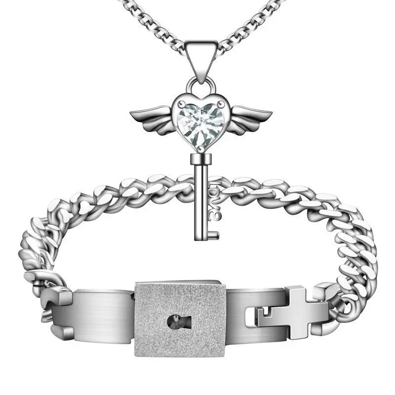 A Pair Lover Jewelry Set Silver Stainless Steel Heart Lock A Pair Lover Jewelry Set Silver Stainless Steel Heart Lock Bracelet Key Necklace For Valentines In Sets From