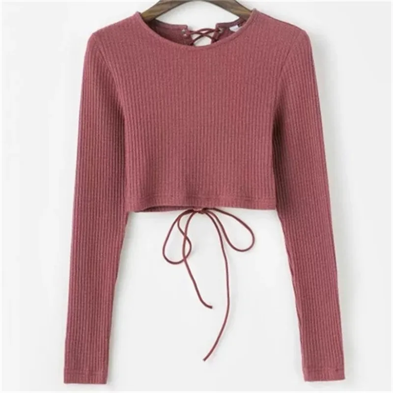 

Miyahouse Backless Slim Fit Long Sleeve Shirts Casual Women T-Shirt Spring Short Solid Color Cotton Tops For Teenage Girl