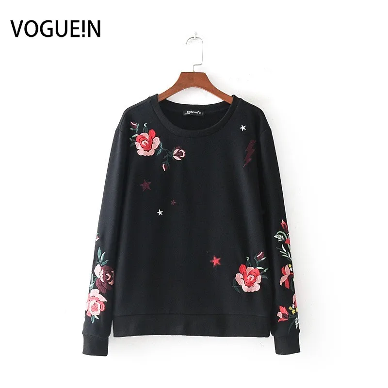 

New Womens Fashion Black Round Neck Chic Embroidery Floral Long Sleeve Pullover Hoddies Sweatshirts
