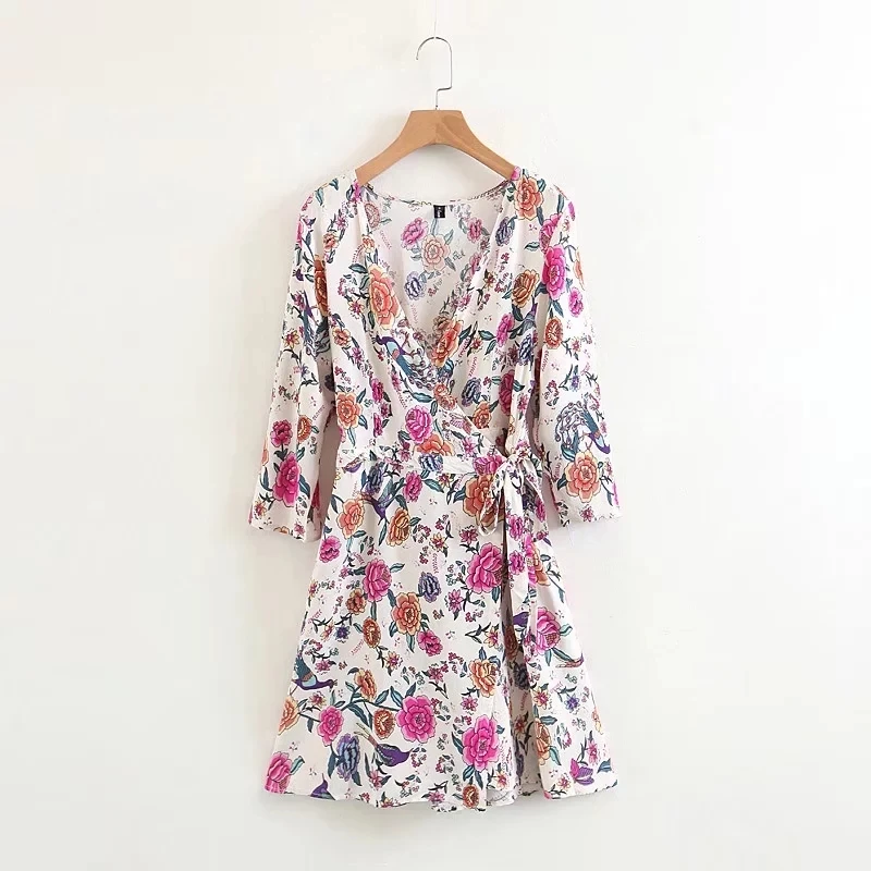

2018 Holiday wind Floral printing V-Neck cross Kimono Mini dress Leisure big swing dresses vestidos Womens Clothing D1288