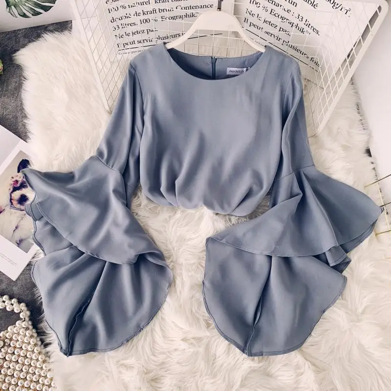 Goede 2019 Lente Koreaanse Nieuwe Ruffled Trompet Mouwen vrouwen Shirt O hals Effen Kleur Chiffon Vrouwen Blouses Fashion Trend Dames Tops
