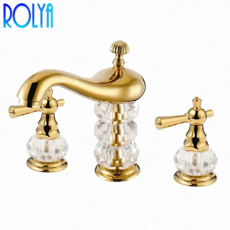 

Rolya Crystal Luxurious Golden Lavatory Faucet 8 inch Widespread Basin Faucet Mixer Taps