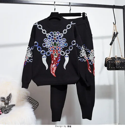 Модный осенне-зимний женский вязаный свитер с длинными рукавами и блестками+ длинные брюки комплект из двух предметов со штанами - Цвет: Черный