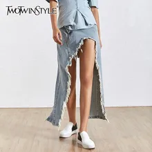 TWOTWINSTYLE джинсовая женская юбка с кисточками, с высокой талией, с разрезом, нерегулярные, большие размеры, юбки, женская летняя модная одежда
