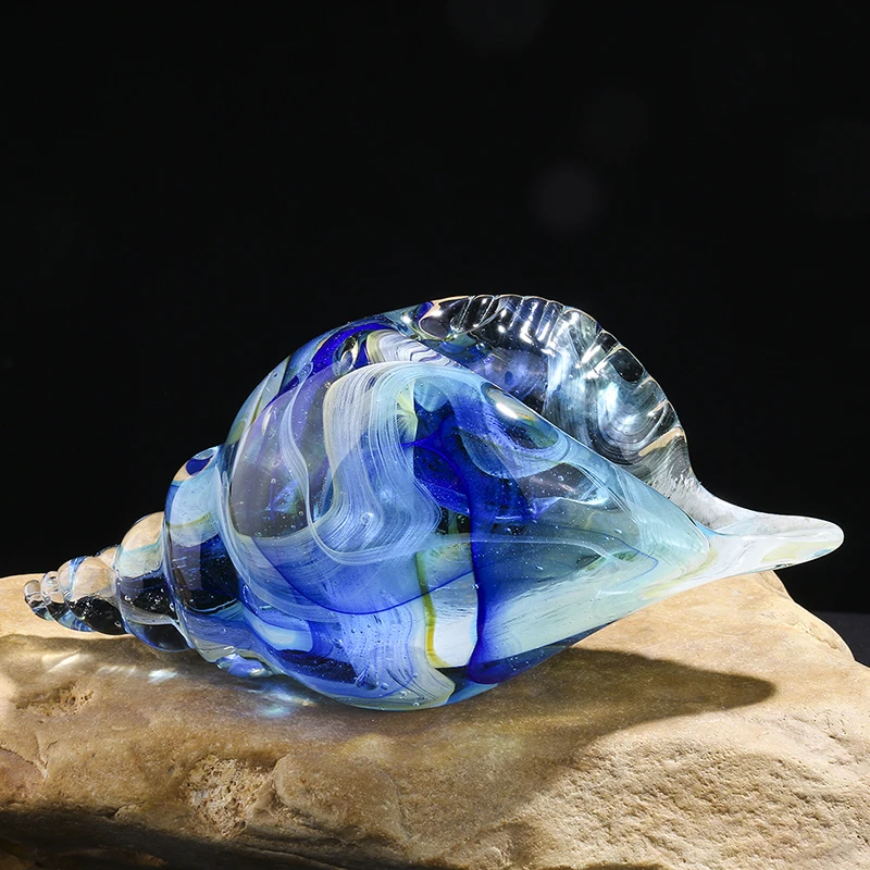 

H&D Hand Blown Glass Seashell Glass Art Conch, Home Collection Decor Gift (Blue)