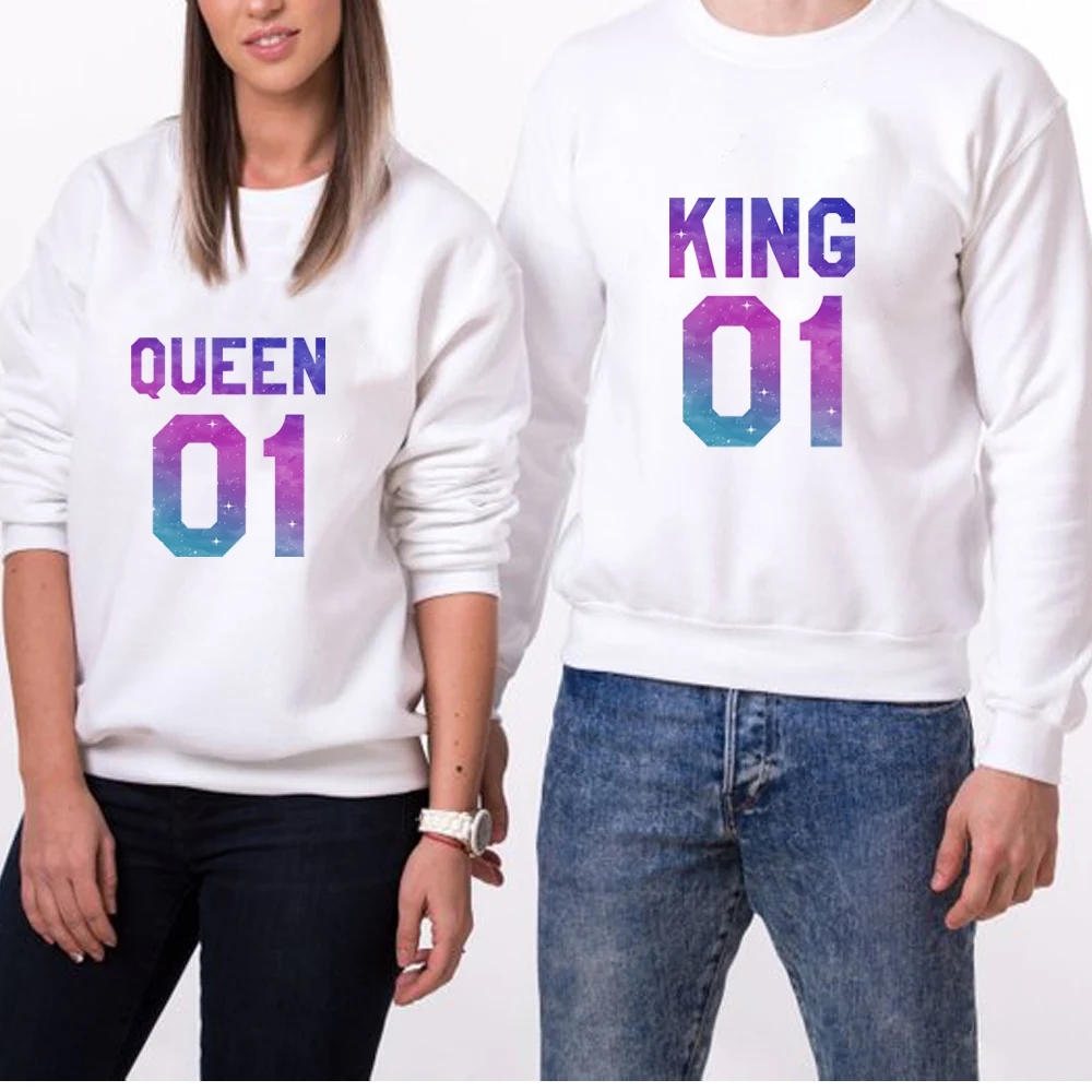 KING QUEEN 01 Письмо печати для мужчин женщин любителей пара осень зима худи, свитшоты, пуловеры свитер с длинными рукавами белый