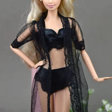 Аксессуары для кукол, черное сексуальное женское белье, пижама, ночное белье, кружевное длинное пальто, Ночная одежда+ бюстгальтер+ нижнее белье, Одежда для куклы Барби