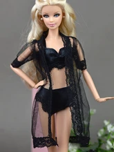 Doll Accessories Black Sexy Pajamas Lingerie Nightwear Lace Long Coat Night Wear Bra Underwear Clothes For