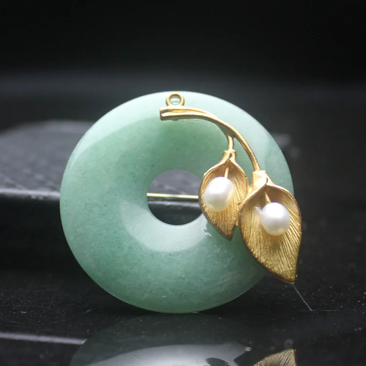 

Amxiu Handmade Natural AAA Dongling Jade Brooch Natural Pearl Peace Buckle Gold Plated Pins Accessories Dual-use Pendant Jewelry