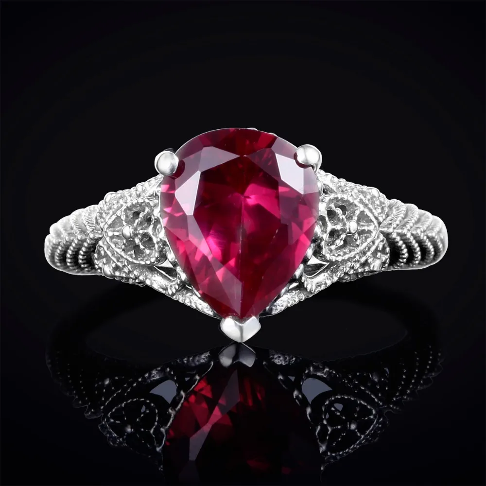 Szjinao Best Selling Ladies Fashion Water Drop Red Ruby Jewelry Vintage Sterling Silver Engagement Rings for Women