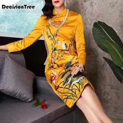 Новинка 2019 года для женщин шелк красное золото бархат cheongsam Топ Китайский вышитые qipao платье халат de soiree