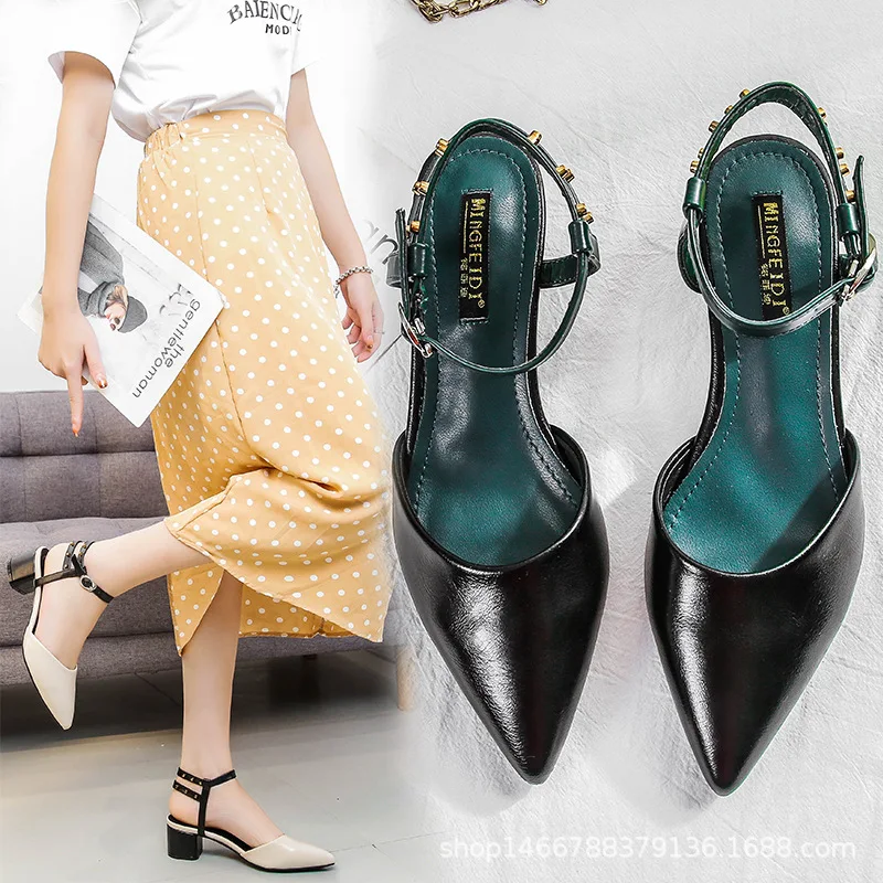 

Pointed closed toe sandals rivet ankle strap buckle thick high heels shoes woman summer fairy 2019new sandalia feminina non-slip