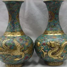 Китай Дворец Бронза Медь Перегородчатой Дракон Феникс Горшок Колбы, Бутылки Ваза Пара 8.02