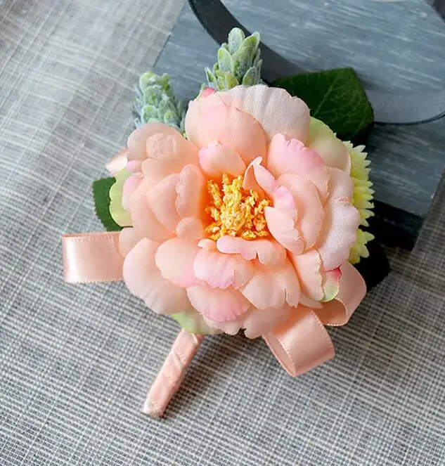 champagne corsage 10pcs! wholeslae Artificial Camellia wedding groomsmen boutonnieres groom corsages bridal wrist flower Bridesmaid hand flowers - Цвет: champagne corsage