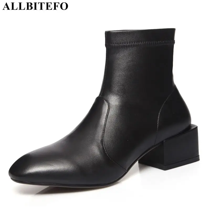 

ALLBITEFO square toe genuine leather+Elastic material thick heel party women boots ankle boots for women autumn martin boots