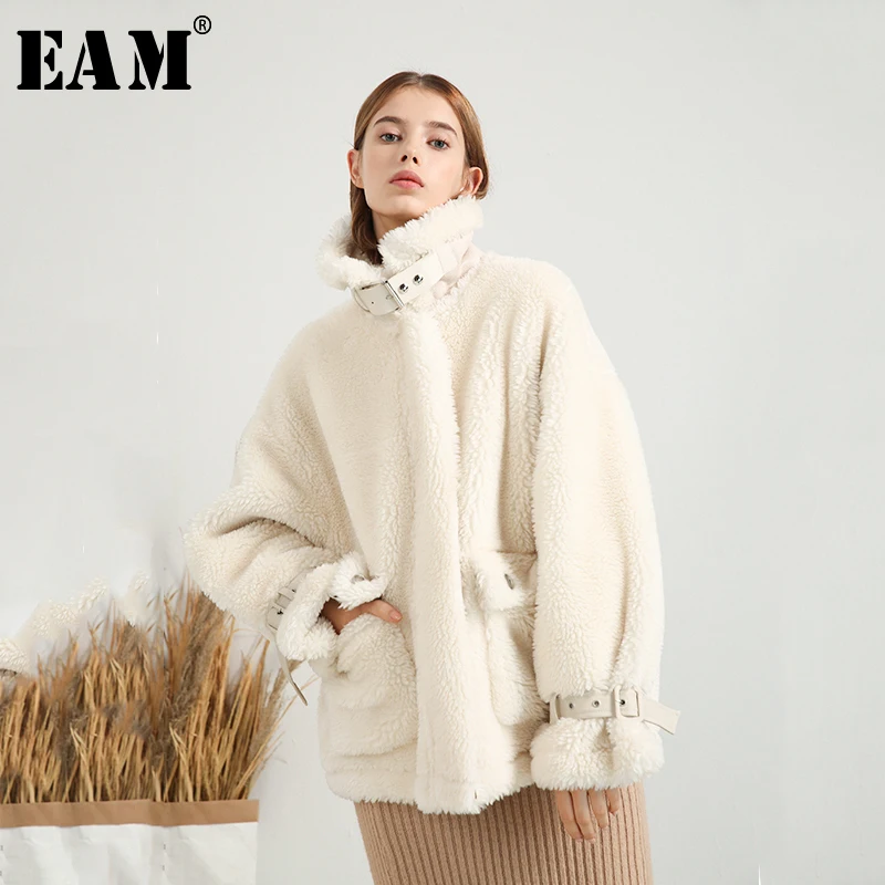 

[EAM] 2019 New Winter Stand Collar Long Sleeve Pockets Loose Zipper Bandage Woolen Coat Women Parkas Fashion All-match JY095