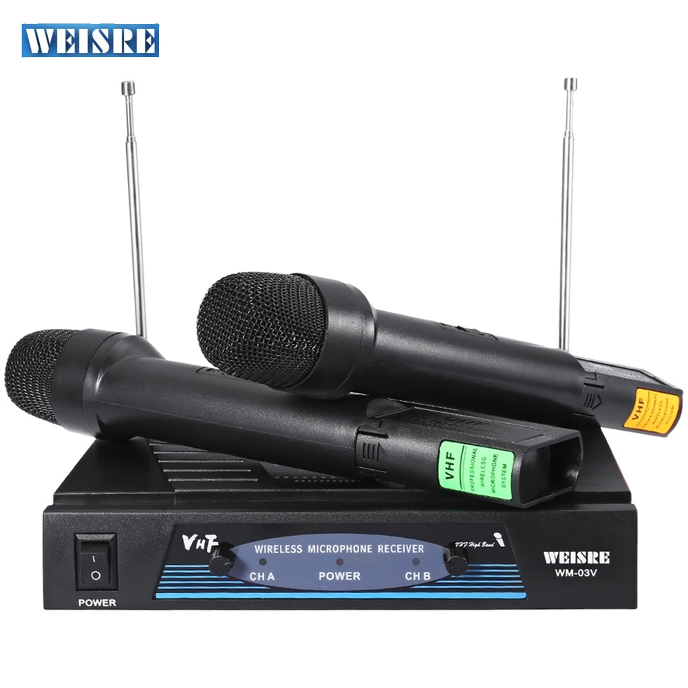 WEISRE WM-03V Профессиональный 220-270 МГц караоке радио беспроводной карманный УКВ передатчик микрофон набор с 2 микрофоном 1 приемник