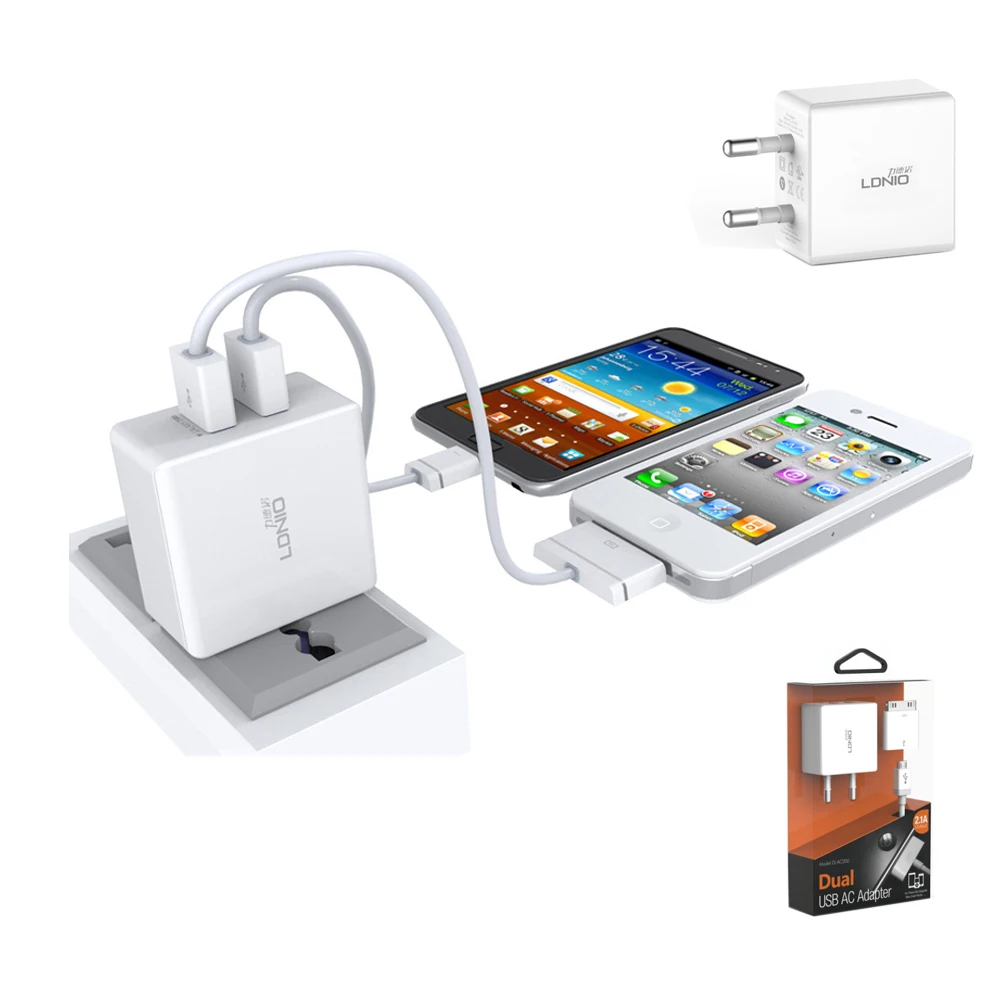 Original LDNIO DL-AC200 for E.U Standard Dual USB Current Protection Output 5V-2.1A Tablet &amp Phone Wall Charger | Мобильные
