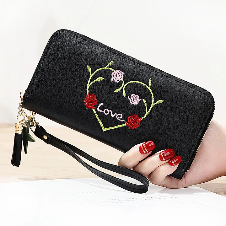 

Женский кошелек с цветами, держатель для карт, длинный Дамский кошелек с кисточками на молнии, кошелек для монет, карманные сумочки с ремешком на запястье, женские кошельки, сумки, кошельки
